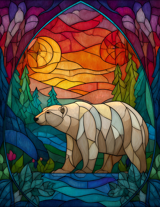 Polar Bear — Stained Glass Art, Crimson Hues Digital Wall Art, 3 Sizes Included, Living Room Decor