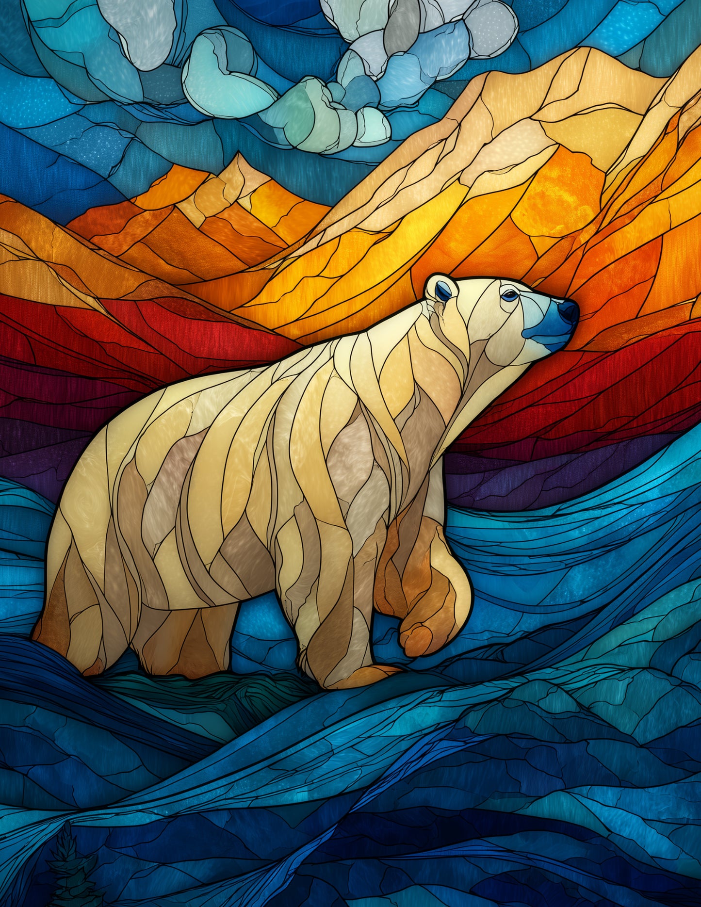 Polar Bear — Stained Glass Art, Sapphire Tones Digital Wall Art, 3 Sizes Included, Living Room Decor