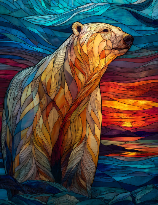 Polar Bear — Stained Glass Art, Teal Hues Digital Wall Art, 3 Sizes Included, Living Room Decor