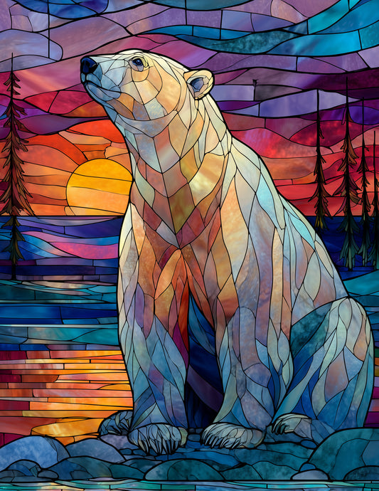 Polar Bear — Stained Glass Art, Violet Hues Digital Wall Art, 3 Sizes Included, Living Room Decor