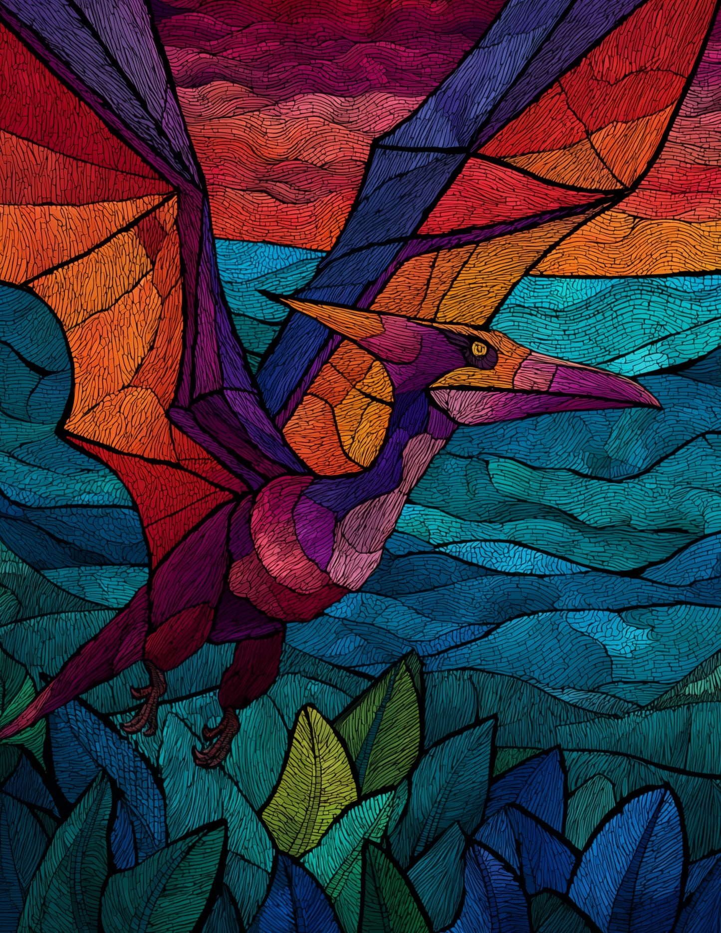 Pterodactyl — Stained Glass Art, Ember Hues Digital Wall Art, 3 Sizes Included, Living Room Decor