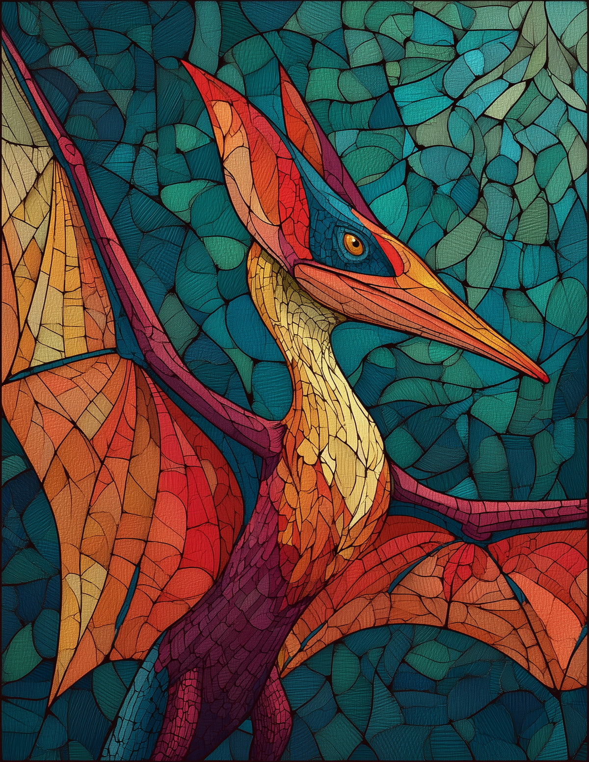 Pterodactyl — Stained Glass Art, Sapphire Tones Digital Wall Art, 3 Sizes Included, Living Room Decor