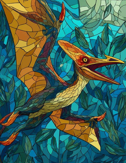 Pterodactyl — Stained Glass Art, Vibrant Palette Digital Wall Art, 3 Sizes Included, Living Room Decor