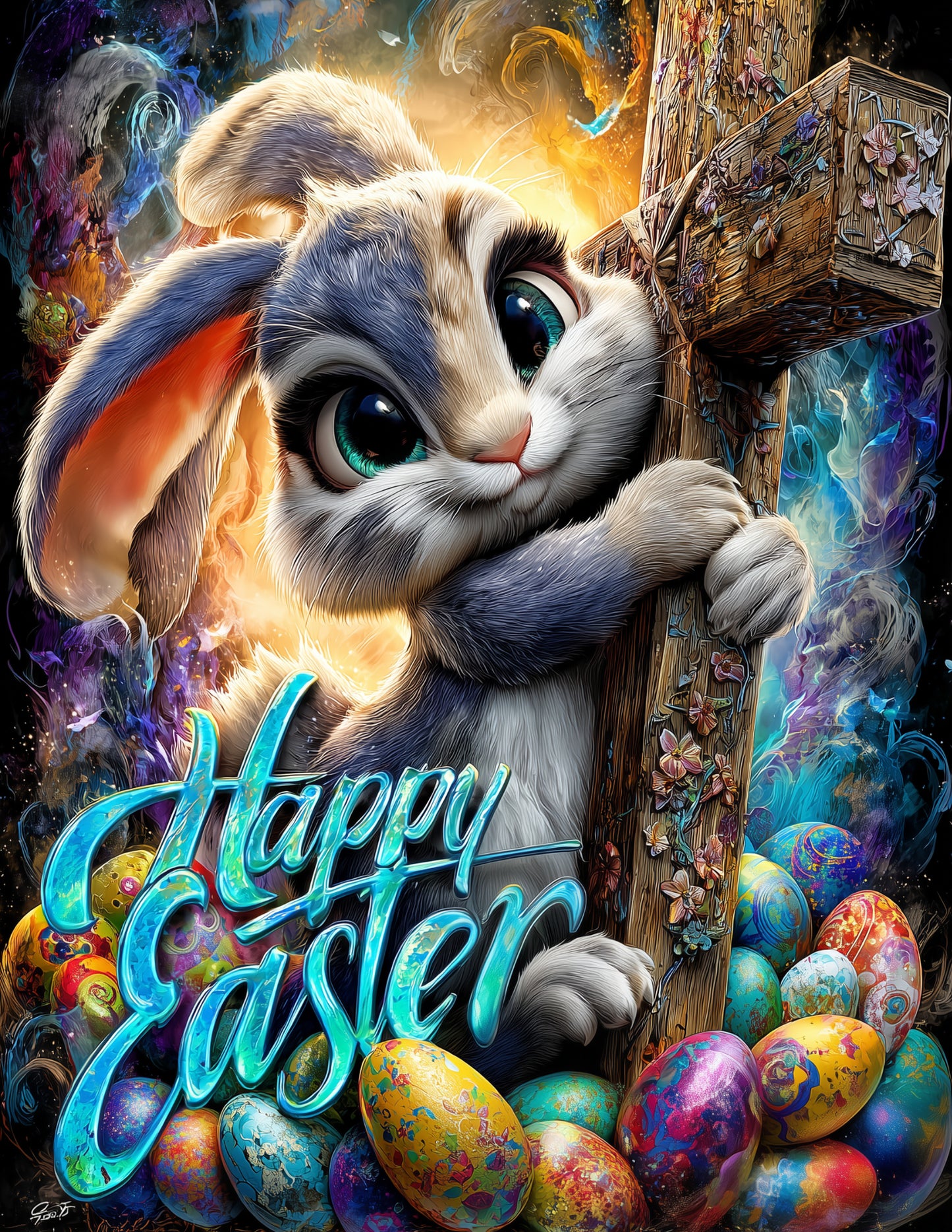 Bunny Rabbit — Easter Cute Cartoon Art, Vibrant Palette Digital Wall Art, 3 Sizes Included, Nursery Decor