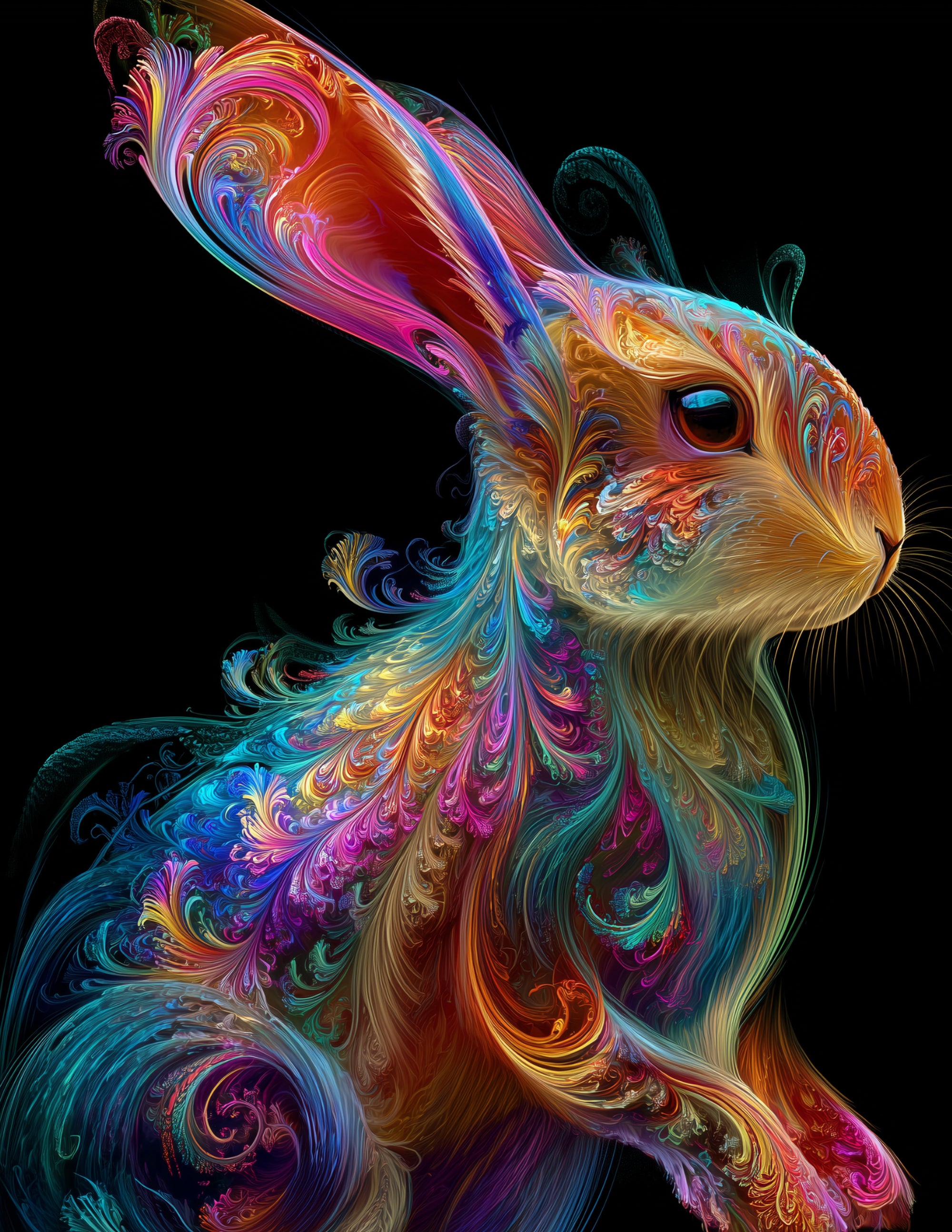 Bunny Rabbit — Fractal Filigree Art, Coral Tones Digital Wall Art, 3 Sizes Included, Living Room Decor