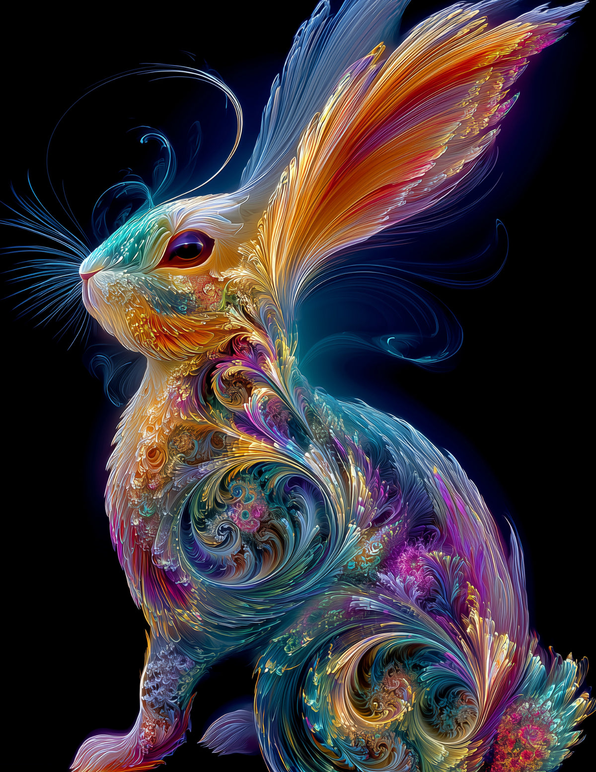 Bunny Rabbit — Fractal Filigree Art, Vibrant Hues Digital Wall Art, 3 Sizes Included, Living Room Decor