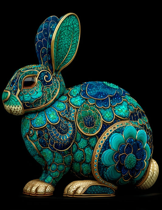 Rabbit — Fractal Filigree Art, Turquoise Palette Digital Wall Art, 3 Sizes Included, Living Room Decor