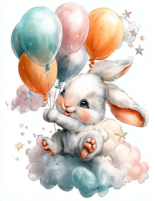 Rabbit — Nursery Art, Pastel Balloons Digital Wall Art, 3 Sizes Included, Nursery Decor