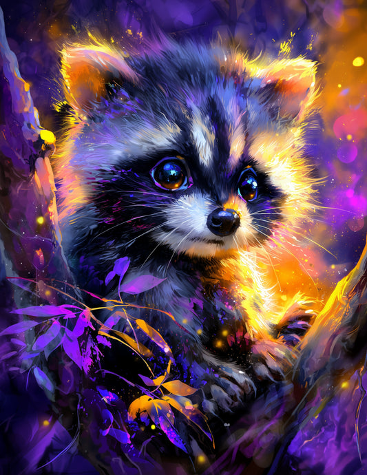 Raccoon — Cute Cartoon Art, Dramatic Lighting Digital Wall Art, 3 Sizes Included, Nursery Decor