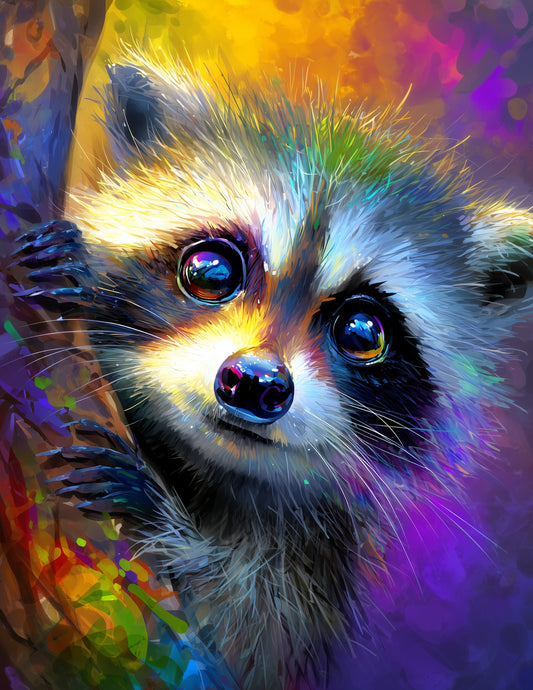 Raccoon — Cute Cartoon Art, Violet Hues Digital Wall Art, 3 Sizes Included, Nursery Decor