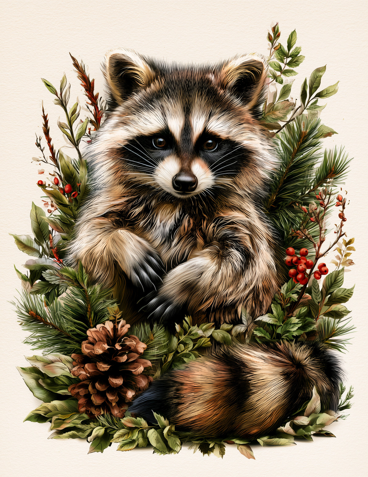 Raccoon — Naturalist Art, Emerald Detail Digital Wall Art, 3 Sizes Included, Living Room Decor