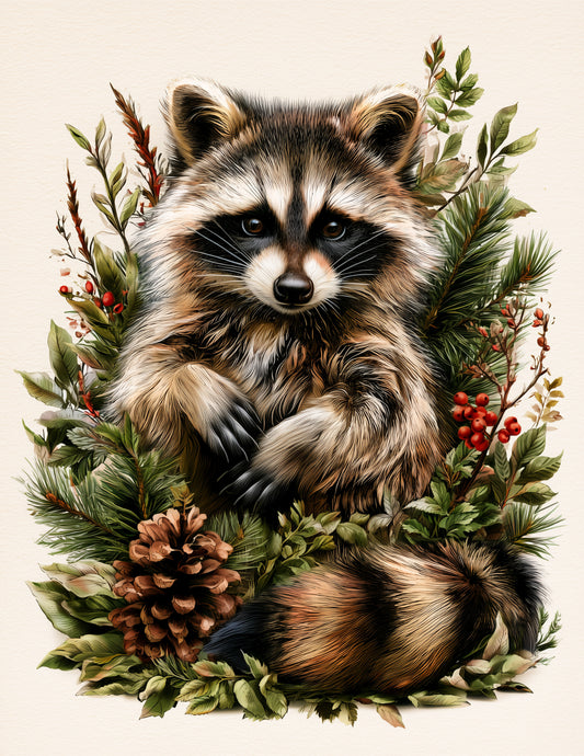 Raccoon — Naturalist Art, Emerald Detail Digital Wall Art, 3 Sizes Included, Living Room Decor