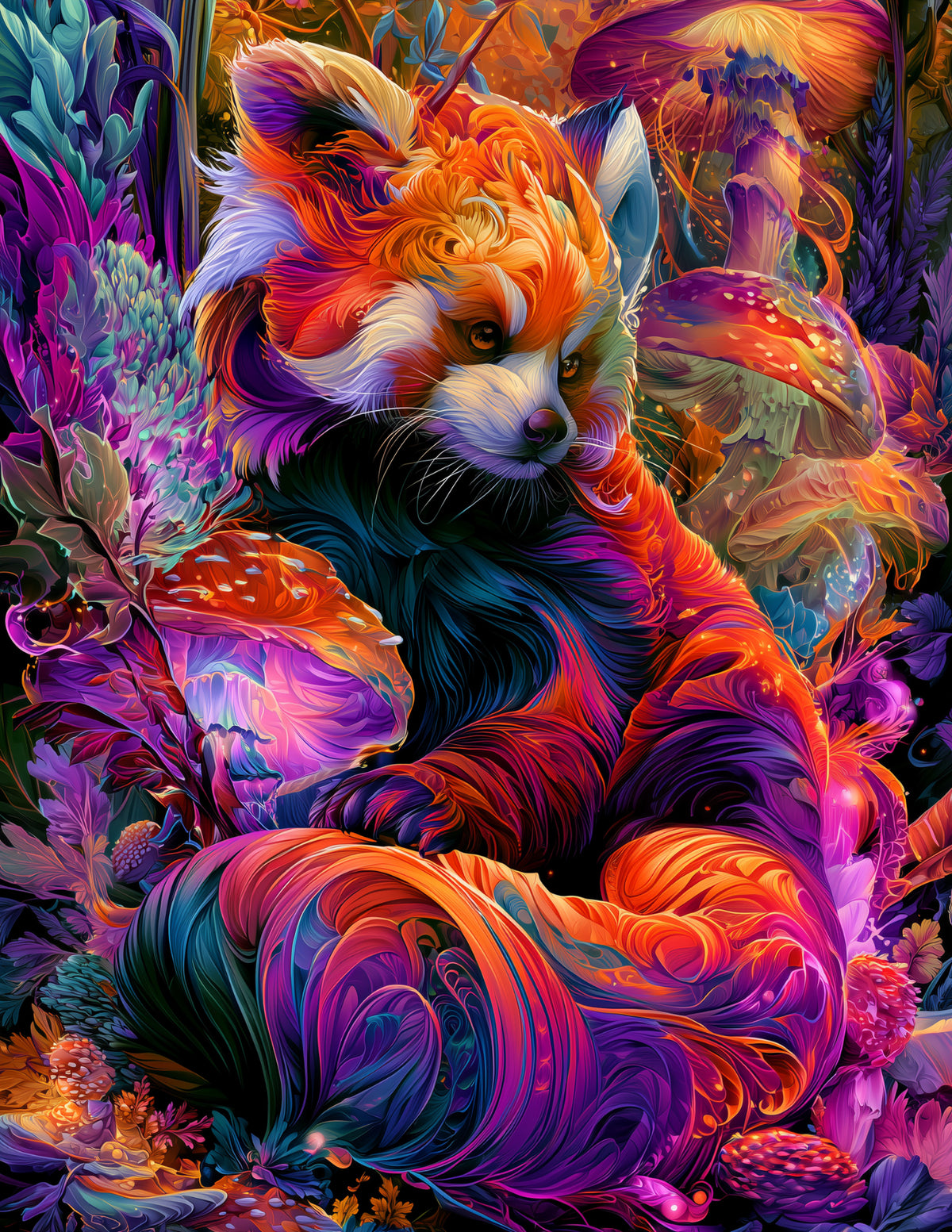 Red Panda — Psychedelic Art, Crimson Lighting Digital Wall Art, 3 Sizes Included, Living Room Decor