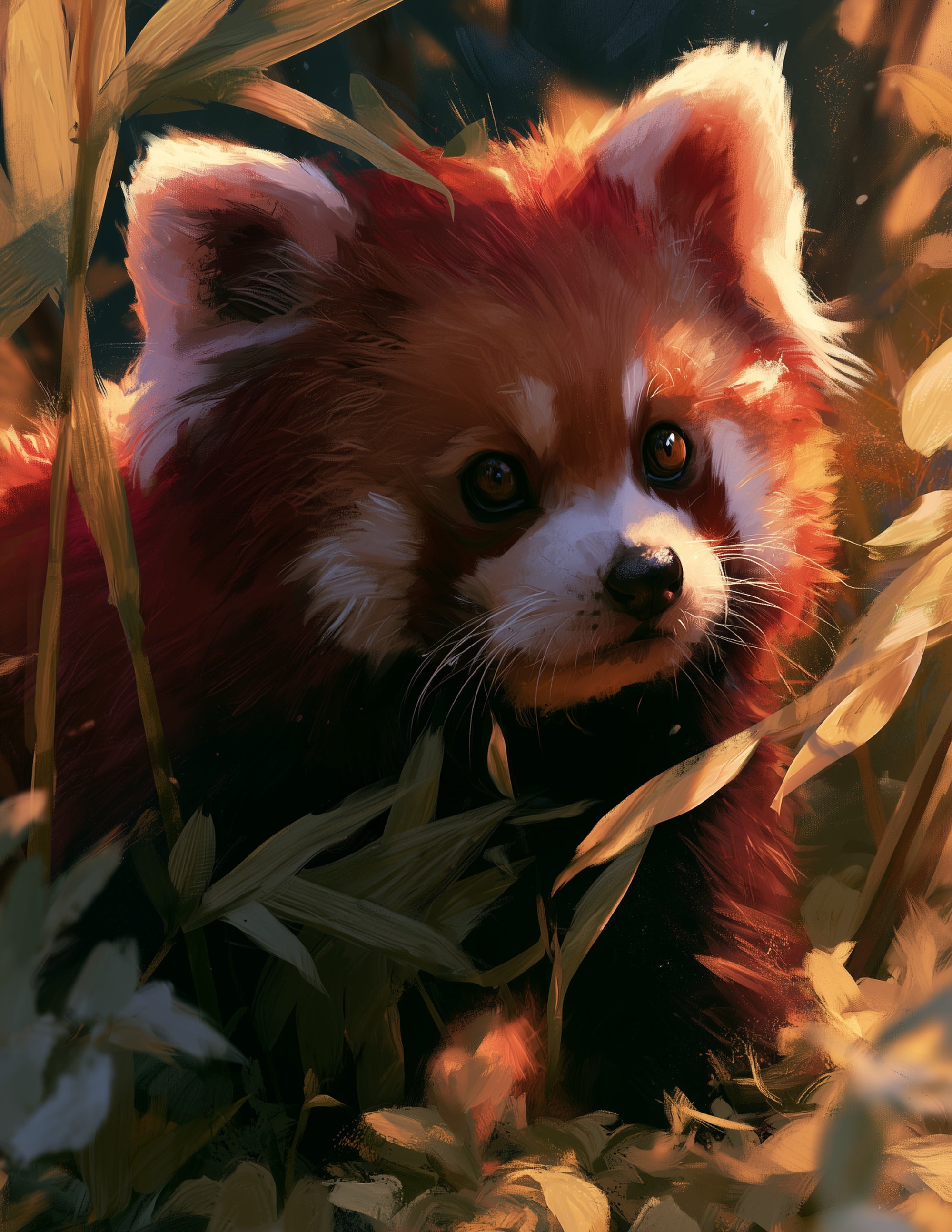 Red Panda — Watercolor Art, Golden Highlights Digital Wall Art, 3 Sizes Included, Living Room Decor