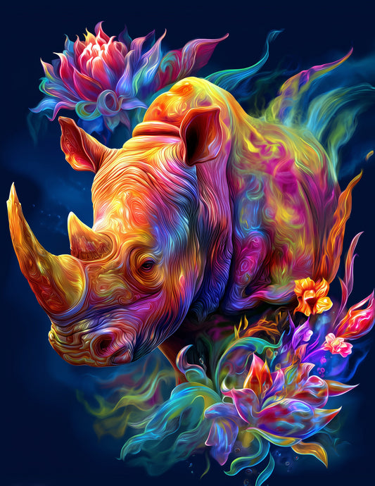Rhinoceros — Fantasy Art, Bold Palette Digital Wall Art, 3 Sizes Included, Living Room Decor