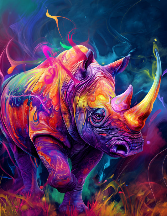 Rhinoceros — Fantasy Art, Dramatic Contrast Digital Wall Art, 3 Sizes Included, Living Room Decor