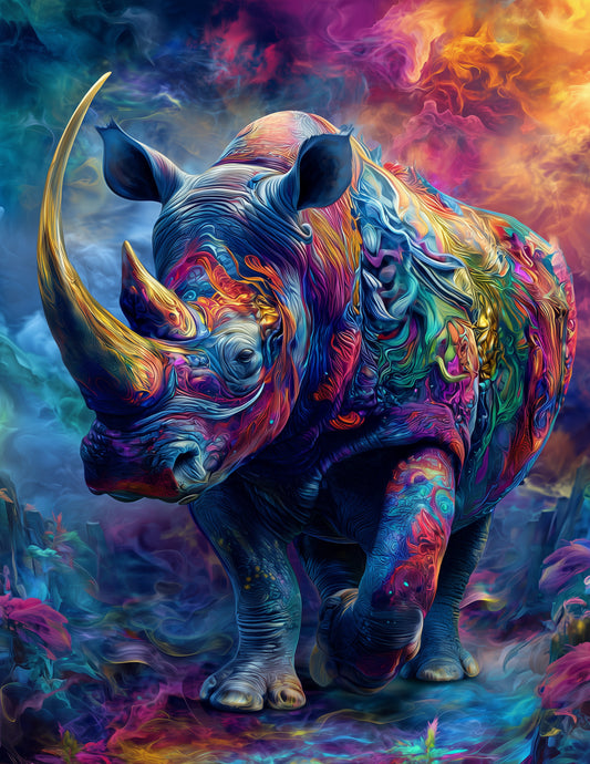 Rhinoceros — Fantasy Art, Ethereal Lighting Digital Wall Art, 3 Sizes Included, Living Room Decor