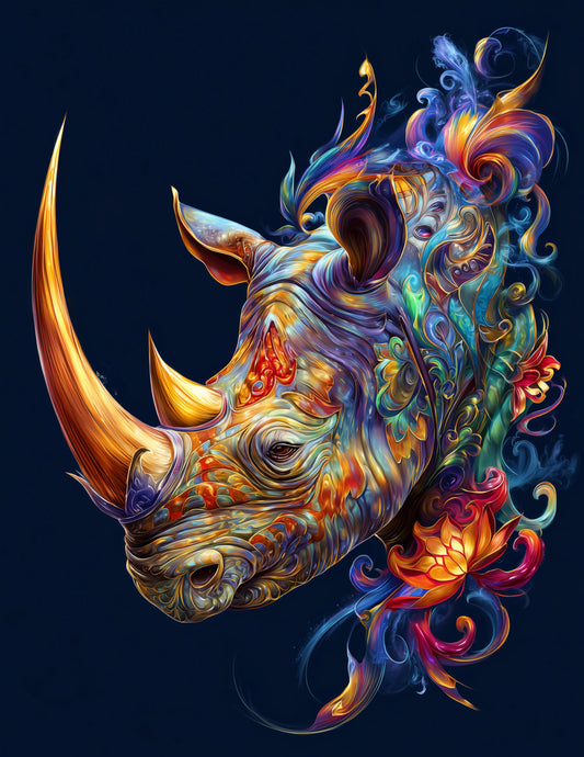 Rhinoceros — Fantasy Art, Gold Highlights Digital Wall Art, 3 Sizes Included, Living Room Decor