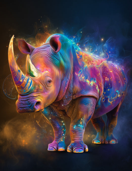 Rhinoceros — Fantasy Art, Vibrant Hues Digital Wall Art, 3 Sizes Included, Living Room Decor
