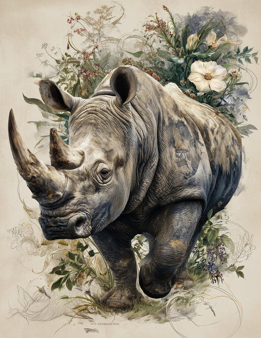 Rhinoceros — Naturalist Art, Charcoal Depth Digital Wall Art, 3 Sizes Included, Living Room Decor
