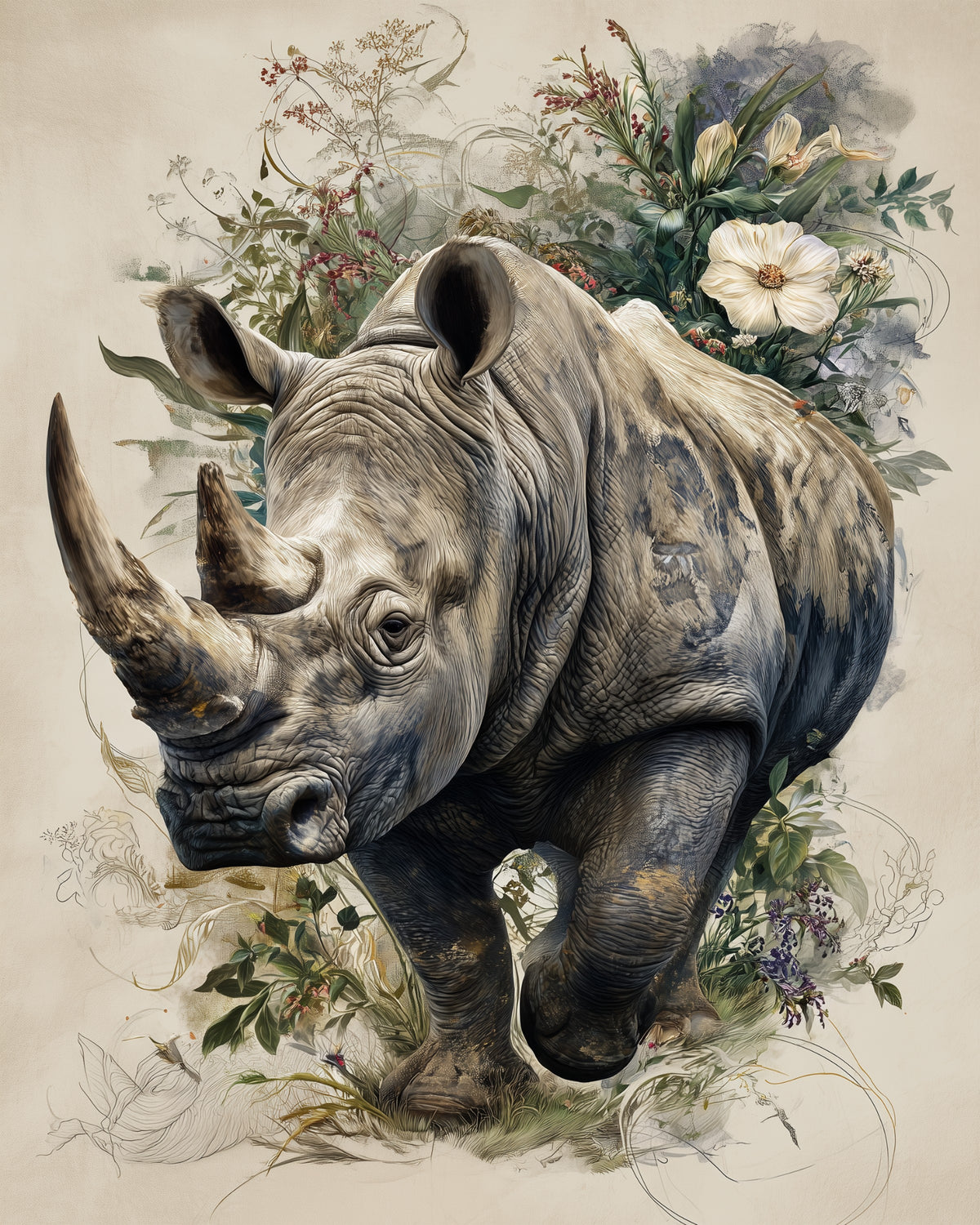 Rhinoceros — Naturalist Art, Charcoal Depth Digital Wall Art, 3 Sizes Included, Living Room Decor