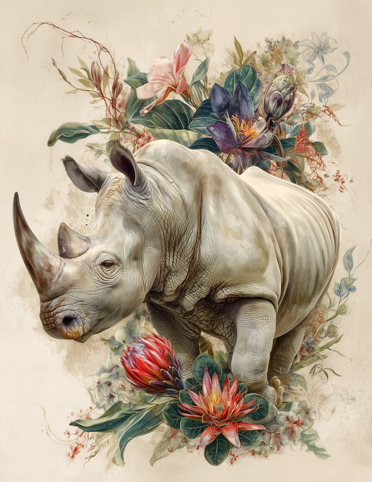 Rhinoceros — Naturalist Art, Coral Contrast Digital Wall Art, 3 Sizes Included, Living Room Decor