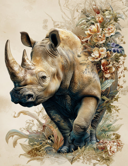 Rhinoceros — Naturalist Art, Gold Tones Digital Wall Art, 3 Sizes Included, Living Room Decor