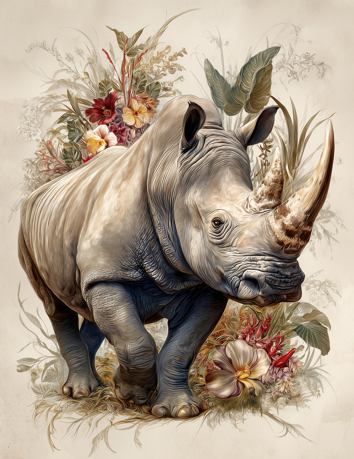 Rhinoceros — Naturalist Art, Ivory Detail Digital Wall Art, 3 Sizes Included, Living Room Decor
