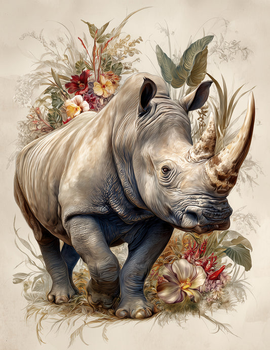 Rhinoceros — Naturalist Art, Ivory Detail Digital Wall Art, 3 Sizes Included, Living Room Decor