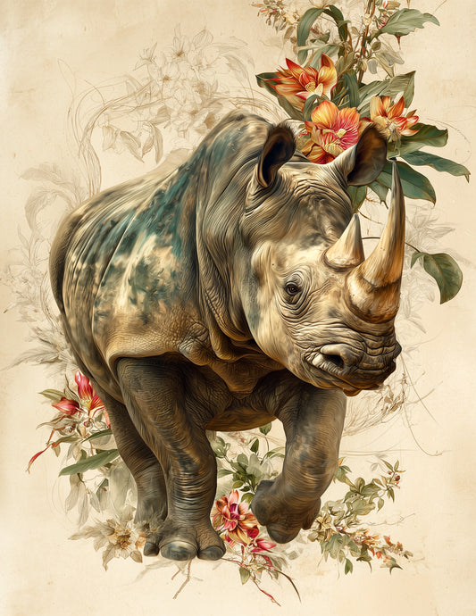 Rhinoceros — Naturalist Art, Teal Highlights Digital Wall Art, 3 Sizes Included, Living Room Decor