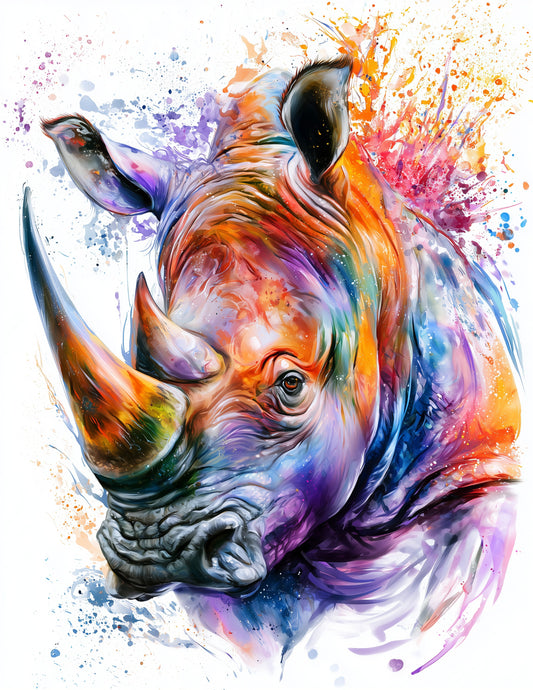 Rhinoceros — Watercolor Art, Coral Highlights Digital Wall Art, 3 Sizes Included, Living Room Decor