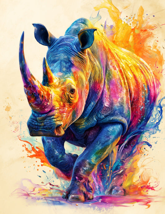 Rhinoceros — Watercolor Art, Gold Contrast Digital Wall Art, 3 Sizes Included, Living Room Decor