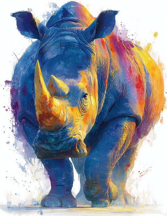 Rhinoceros — Watercolor Art, Indigo Texture Digital Wall Art, 3 Sizes Included, Living Room Decor