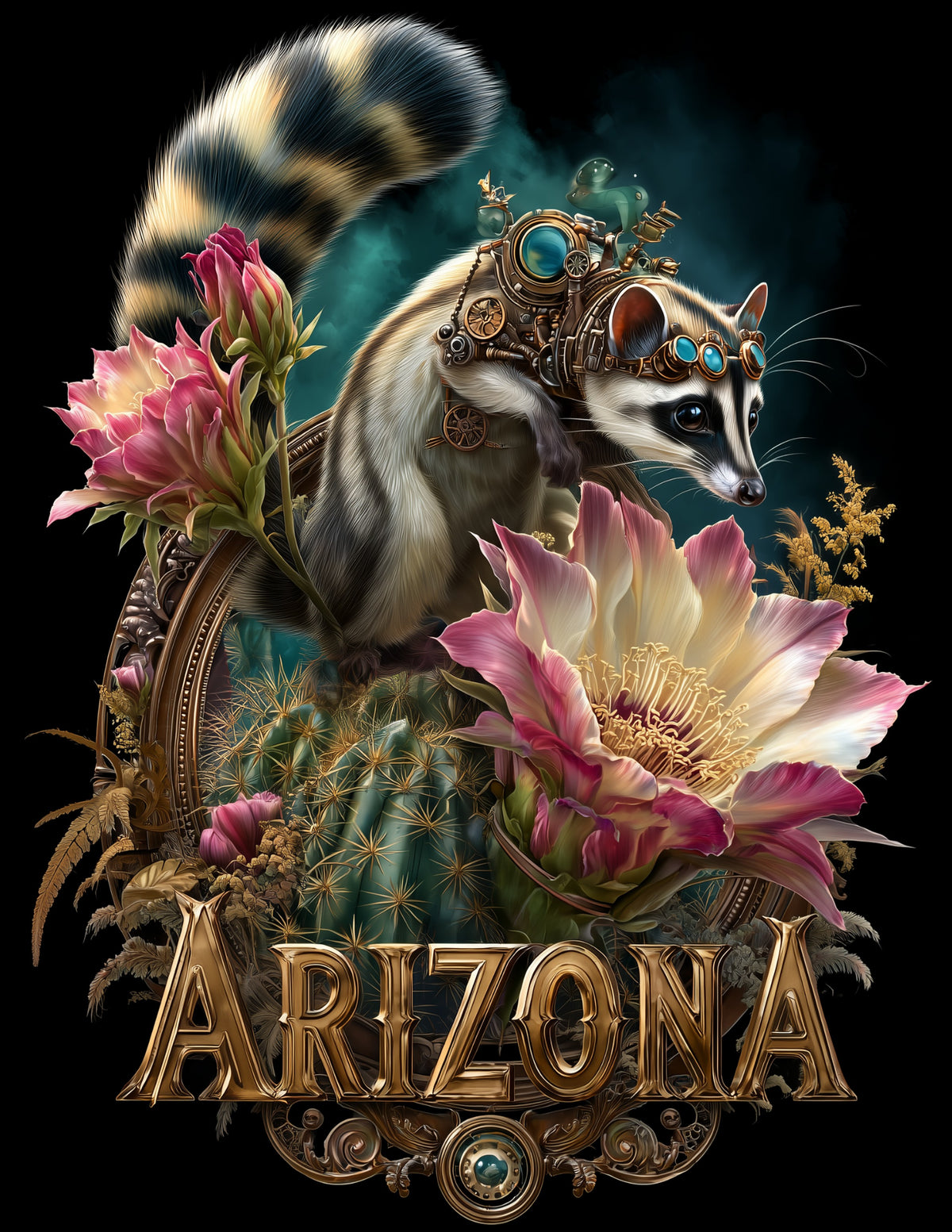 Ringtail Arizona — Steampunk Art, Teal Hues Digital Wall Art, 3 Sizes Included, Living Room Decor
