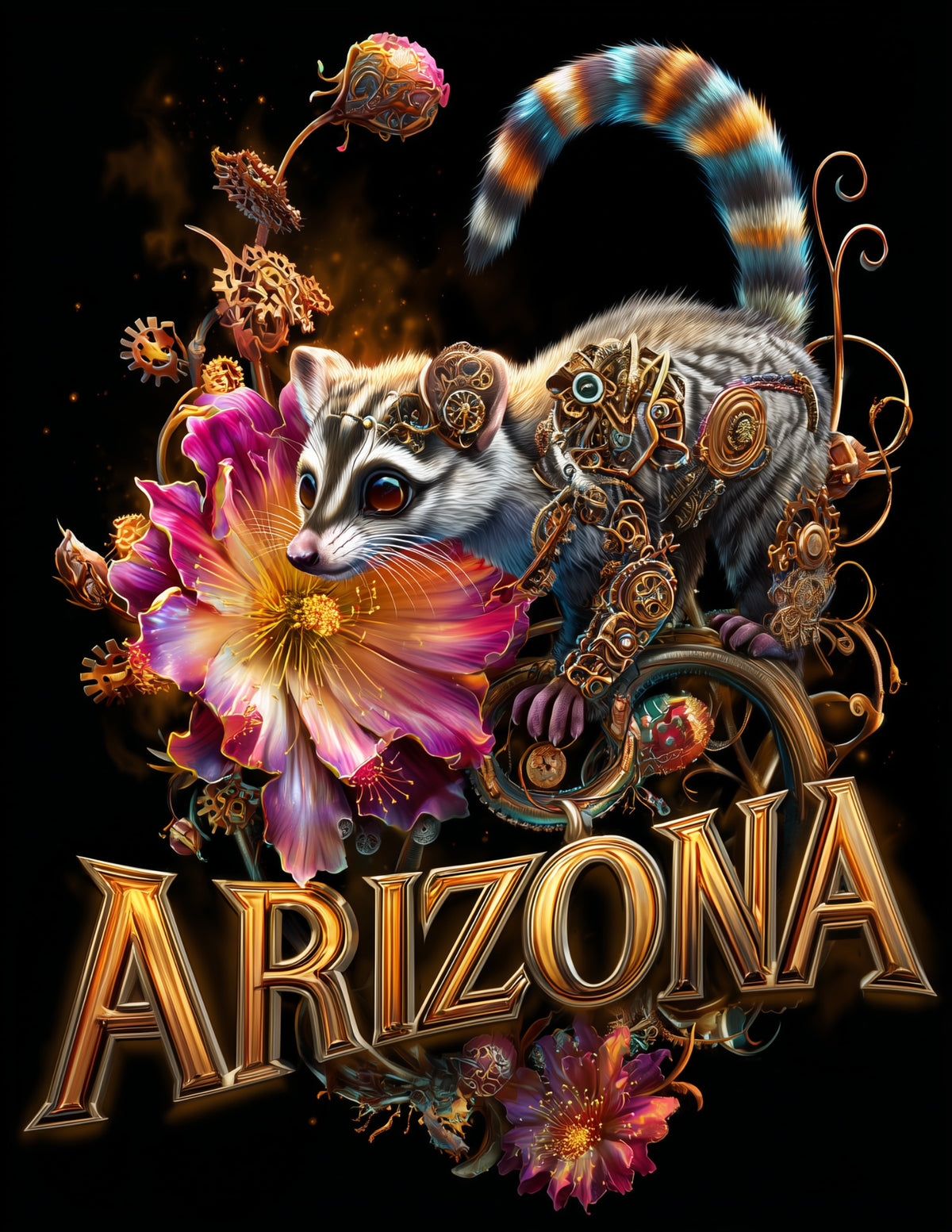 Ringtail Arizona — Steampunk Art, Vibrant Palette Digital Wall Art, 3 Sizes Included, Living Room Decor