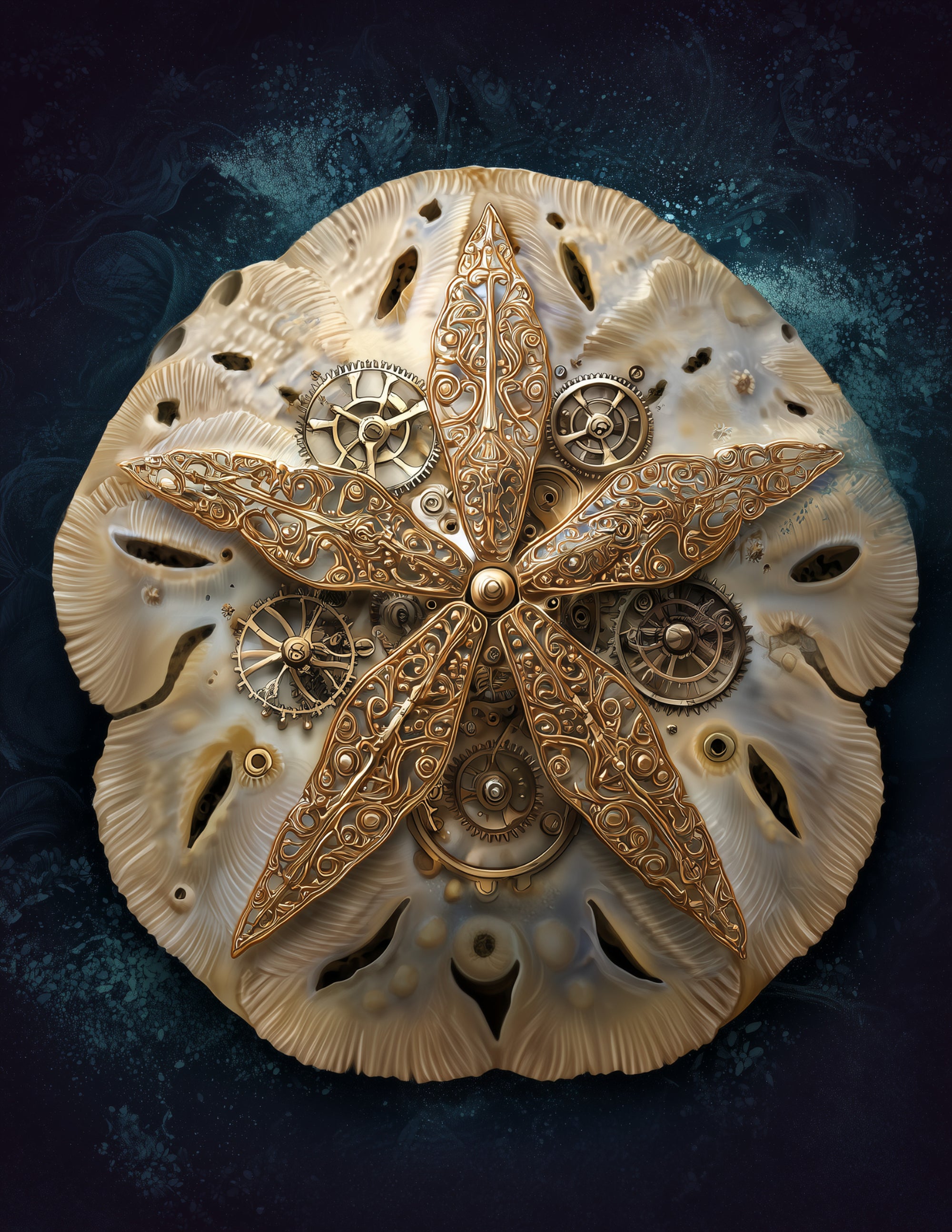 Sand Dollar — Steampunk Art, Emerald Hues Digital Wall Art, 3 Sizes Included, Living Room Decor