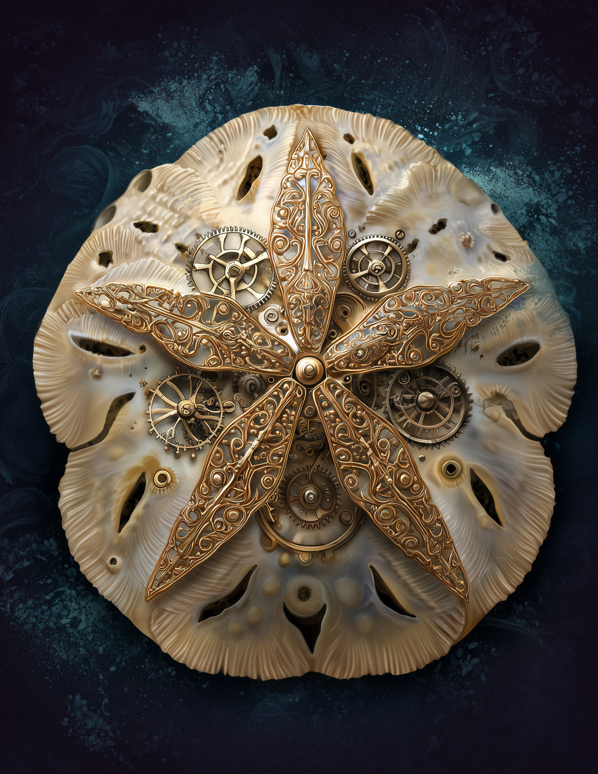Sand Dollar — Steampunk Art, Emerald Hues Digital Wall Art, 3 Sizes Included, Living Room Decor