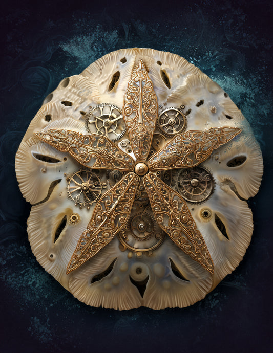 Sand Dollar — Steampunk Art, Emerald Hues Digital Wall Art, 3 Sizes Included, Living Room Decor