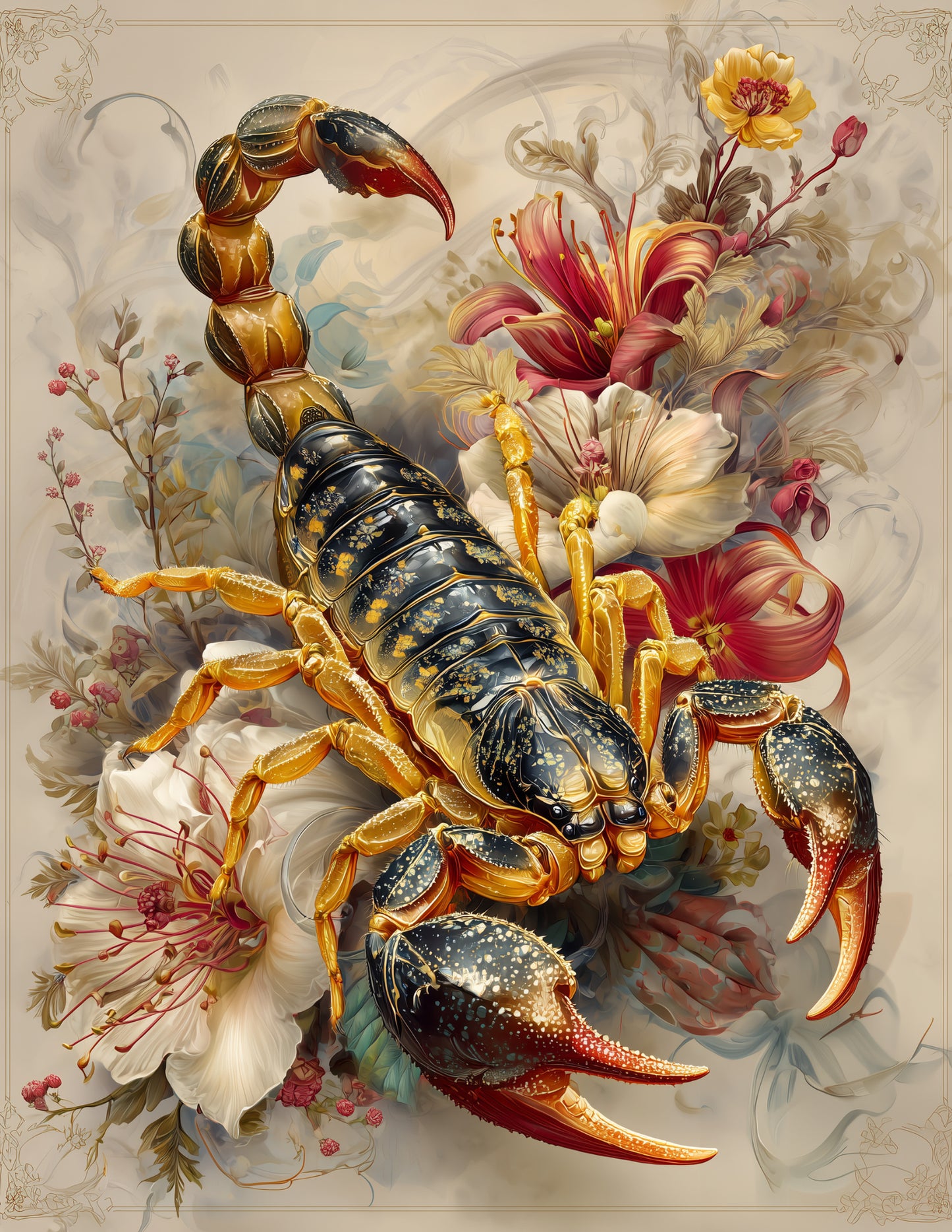 Scorpion — Naturalist Art, Gold Highlights Digital Wall Art, 3 Sizes Included, Living Room Decor
