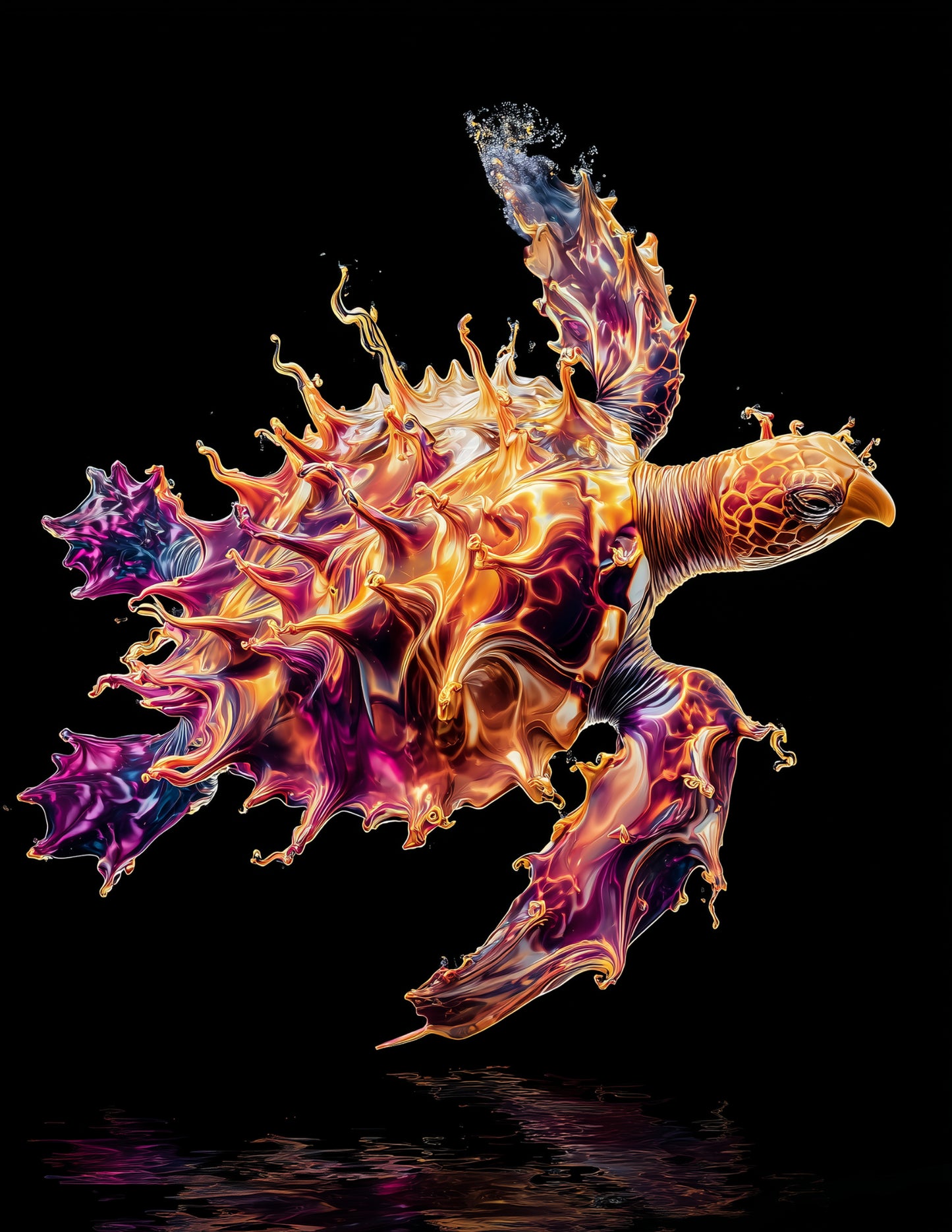 Sea Turtle — Ferrofluid Art, Amber Glow Digital Wall Art, 3 Sizes Included, Living Room Decor