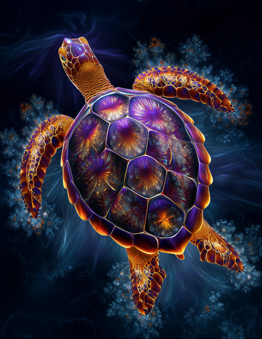 Sea Turtle — Fractal Filigree Art, Violet Dream Digital Wall Art, 3 Sizes Included, Living Room Decor