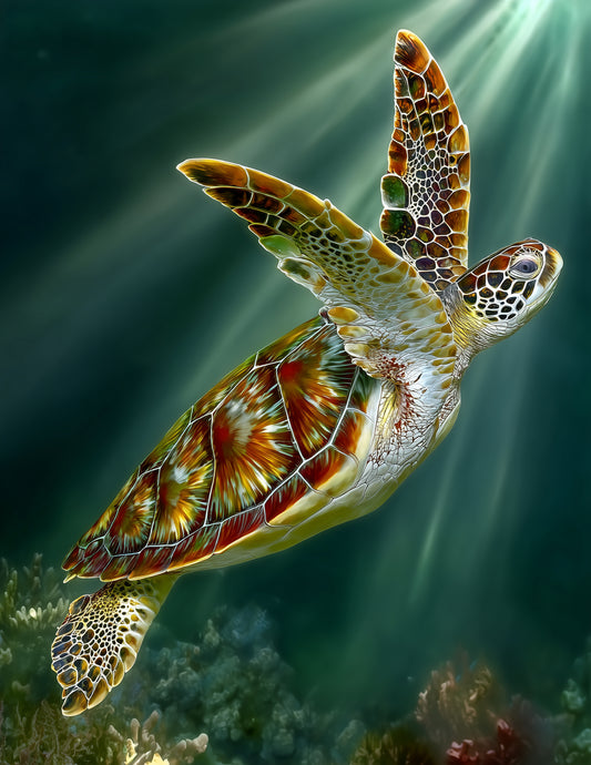 Sea Turtle — Realistic Art, Deep Teal Digital Wall Art, 3 Sizes Included, Living Room Decor