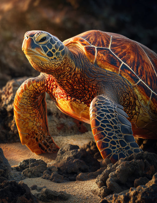 Sea Turtle — Realistic Art, Golden Reef Digital Wall Art, 3 Sizes Included, Living Room Decor