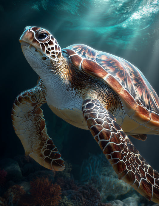 Sea Turtle — Realistic Art, Ocean Light Digital Wall Art, 3 Sizes Included, Living Room Decor