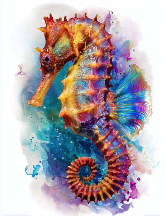Bullneck Seahorse Watercolor Art, Sapphire Bloom Digital Wall Art, 3 Sizes Included, Living Room Decor