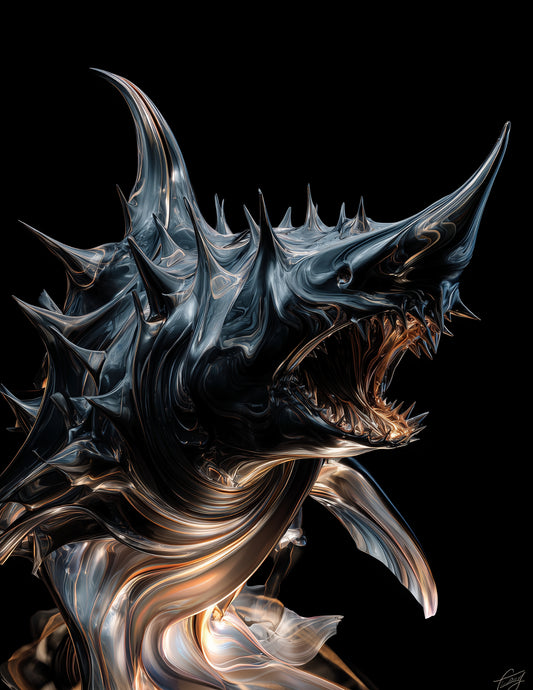 Shark — Ferrofluid Art, Midnight Tones Digital Wall Art, 3 Sizes Included, Living Room Decor