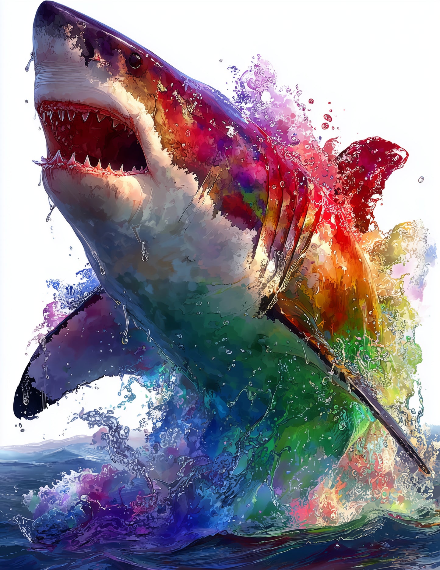 Shark — Watercolor Art, Rainbow Hues Digital Wall Art, 3 Sizes Included, Living Room Decor