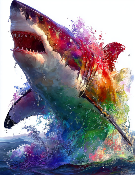 Shark — Watercolor Art, Rainbow Hues Digital Wall Art, 3 Sizes Included, Living Room Decor