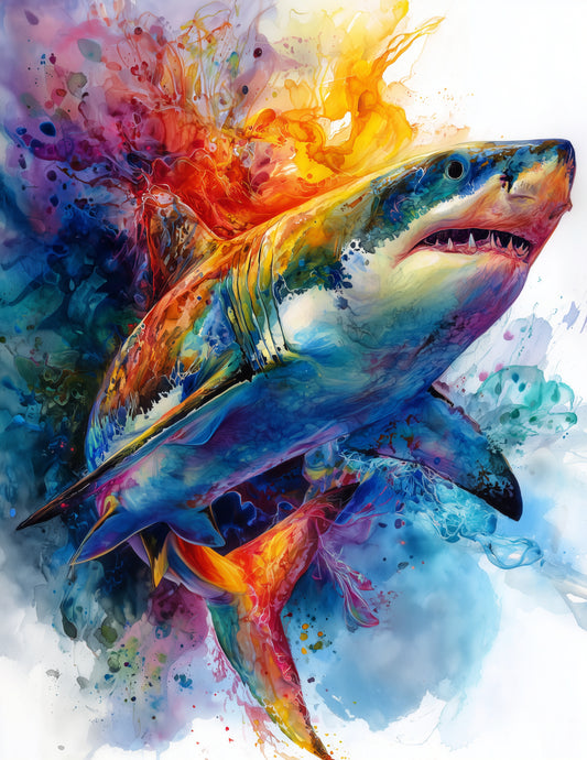 Shark — Watercolor Art, Vibrant Hues Digital Wall Art, 3 Sizes Included, Living Room Decor