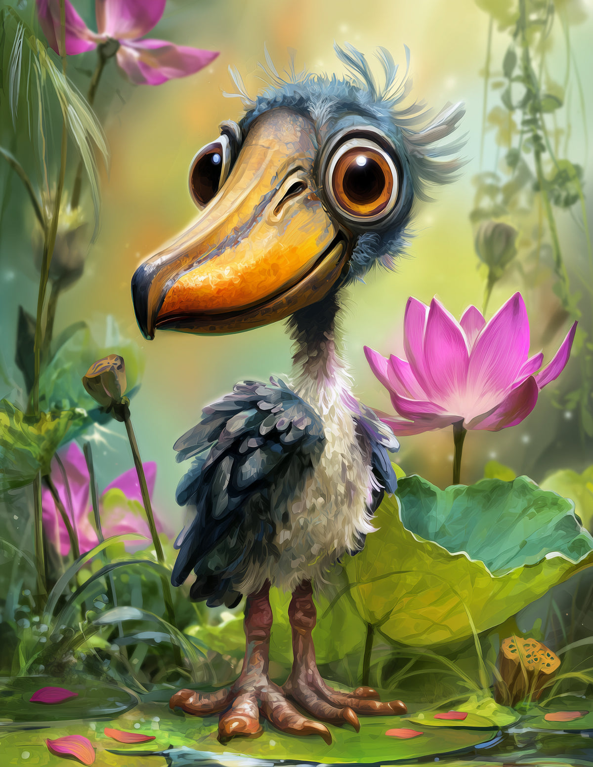 Shoebill Stork — Cute Cartoon Art, Vibrant Palette Digital Wall Art, 3 Sizes Included, Nursery Decor